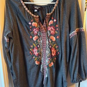 Johnny Was Charcoal Floral Embroidered Blouse